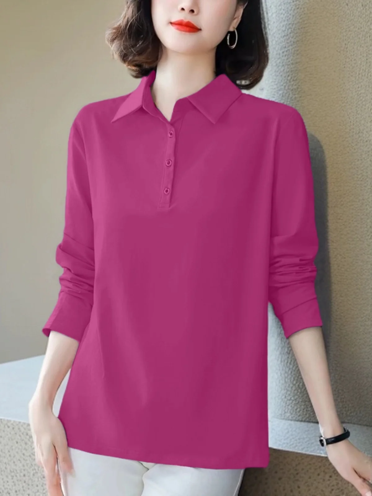 

Женская футболка с длинным рукавом из чистого хлопка, повседневная, свободного кроя, утягивающая, в корейском стиле, на пуговицах, из смесового хлопка, осенняя новинка