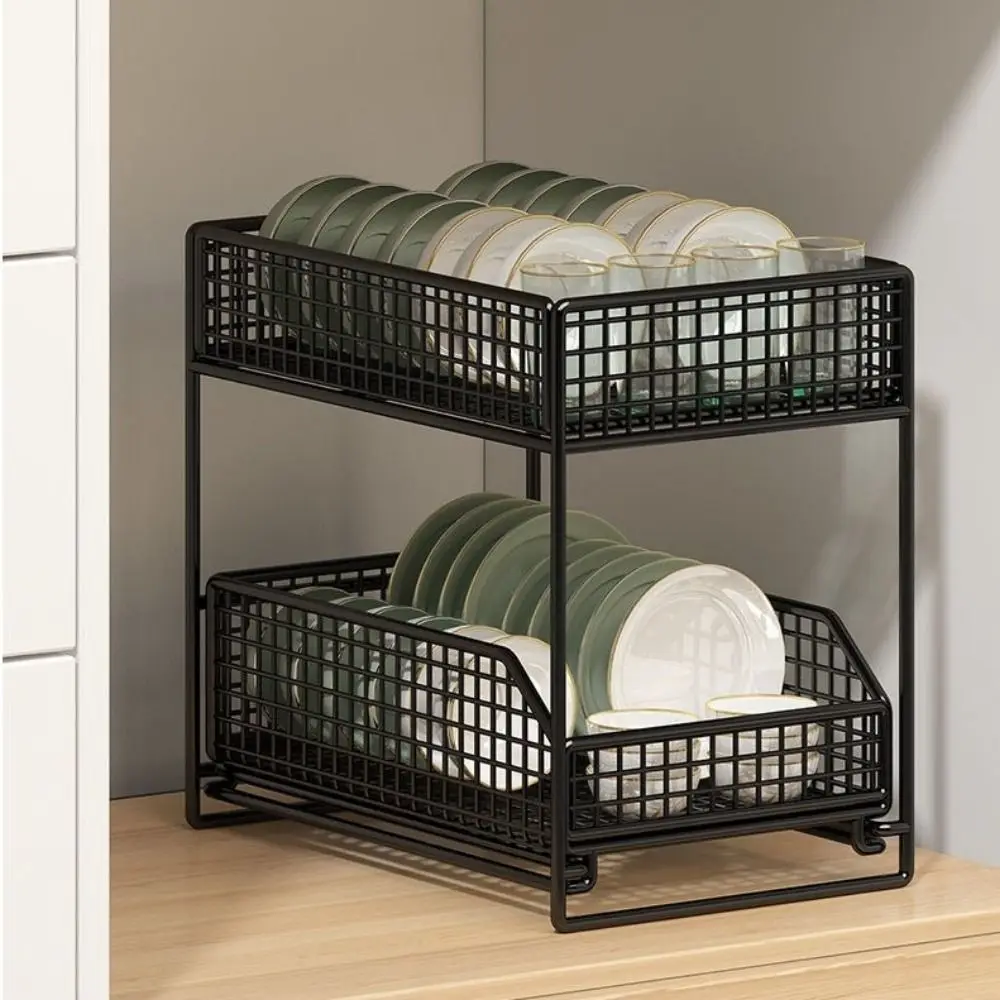 

Iron 2 Tier Storage Basket Large Capacity Space Saving Pull Out Storage Rack Stable Frame Sliding Cabinet Basket for Kitchen