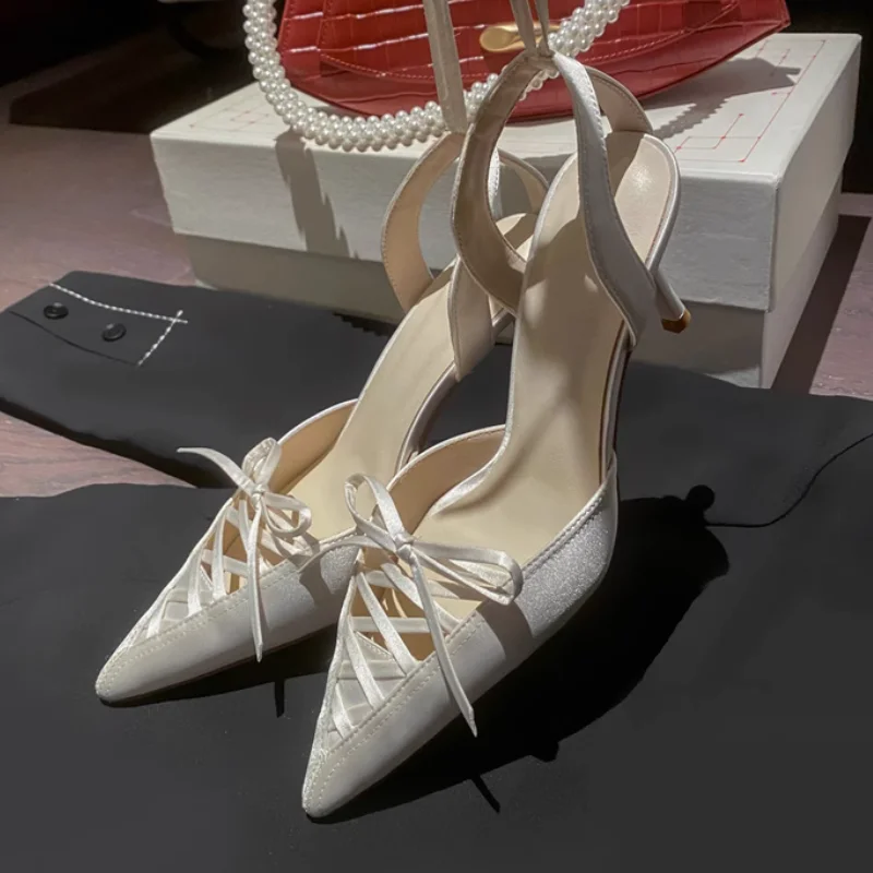 

New Fashion Elegant Satin Lace-Up Pumps Pointed Toe Thin Heels Solid Color Slip-On Sexy Concise Party Wedding Dress Women Shoes