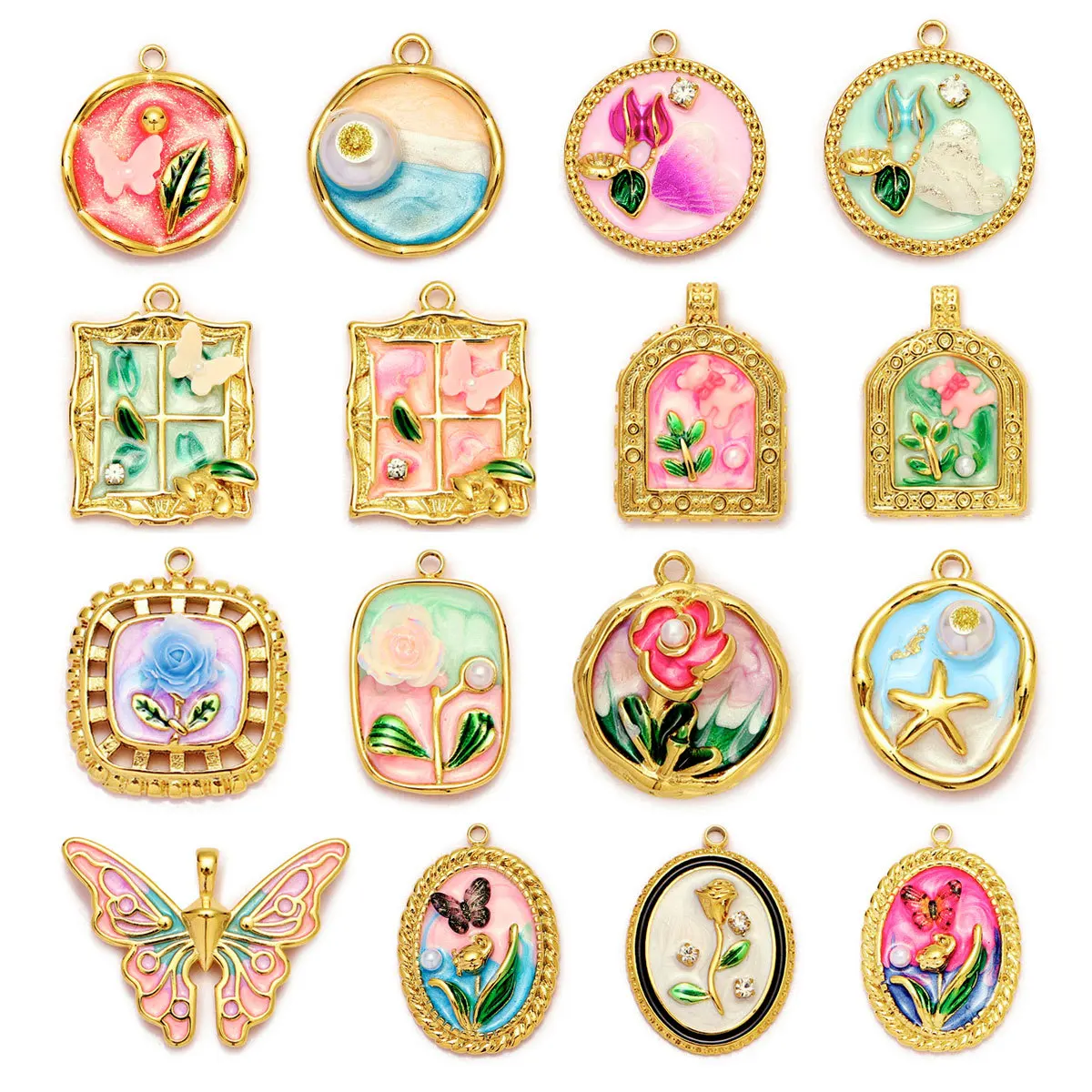 French Retro Monet Garden Oil Painting Style DIY Stainless Steel Pendant Gold Color Butterfly Flower Charm Jewelry Access