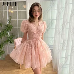 JEHETH Butterfly Embroidery Mini Prom Dress Short Puff Sleeves A-Line Pink Party Gowns Double Deep V-Neck Vestidos De Festa 2024