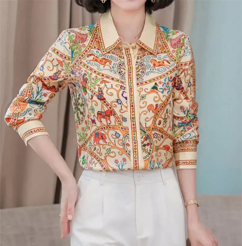 S-3XL Vintage Femmes Chemise Printemps Manches sulfDe Luxe Imprimé Blouses Casual Y-Élégant Blusas Mujer