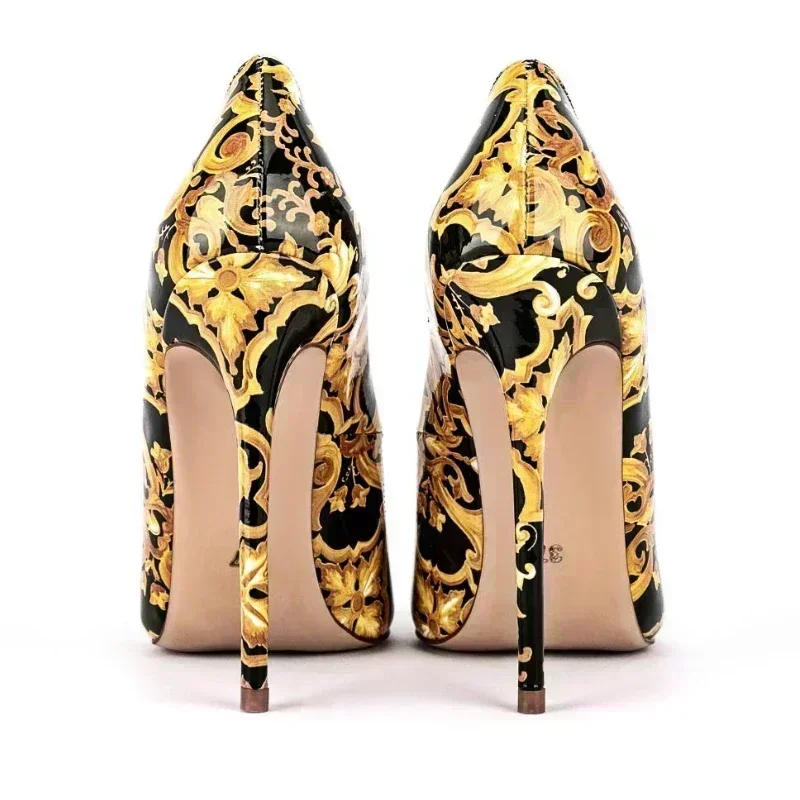 2025 Brand New Fashion Printed Toe Pumps for Women Sexy Pointed Toe Elegant Shiny Leather High Heels Big Size Shoes 43 45 47