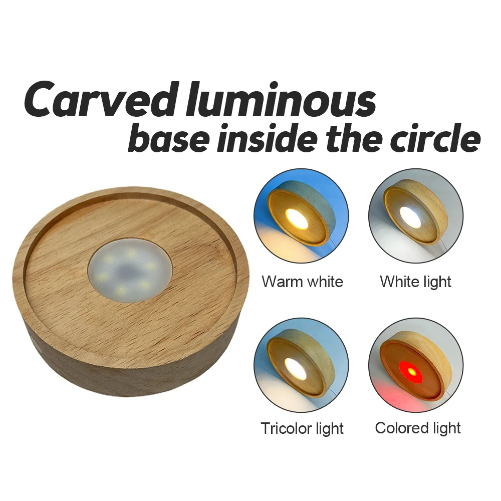 Round Wooden LED Light Base Resin Crystal Glass Art Ornament Holder Bedroom Night Light Rotating Display Stand Night Lamp Base