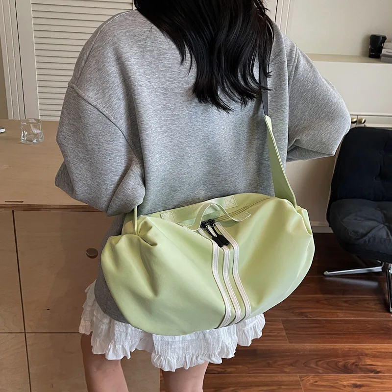 

​​Striped Oxford Dumpling Tote Spacious Convertible Shoulder Bag Heavyweight Canvas Weekender Gym to Office Transition System​​