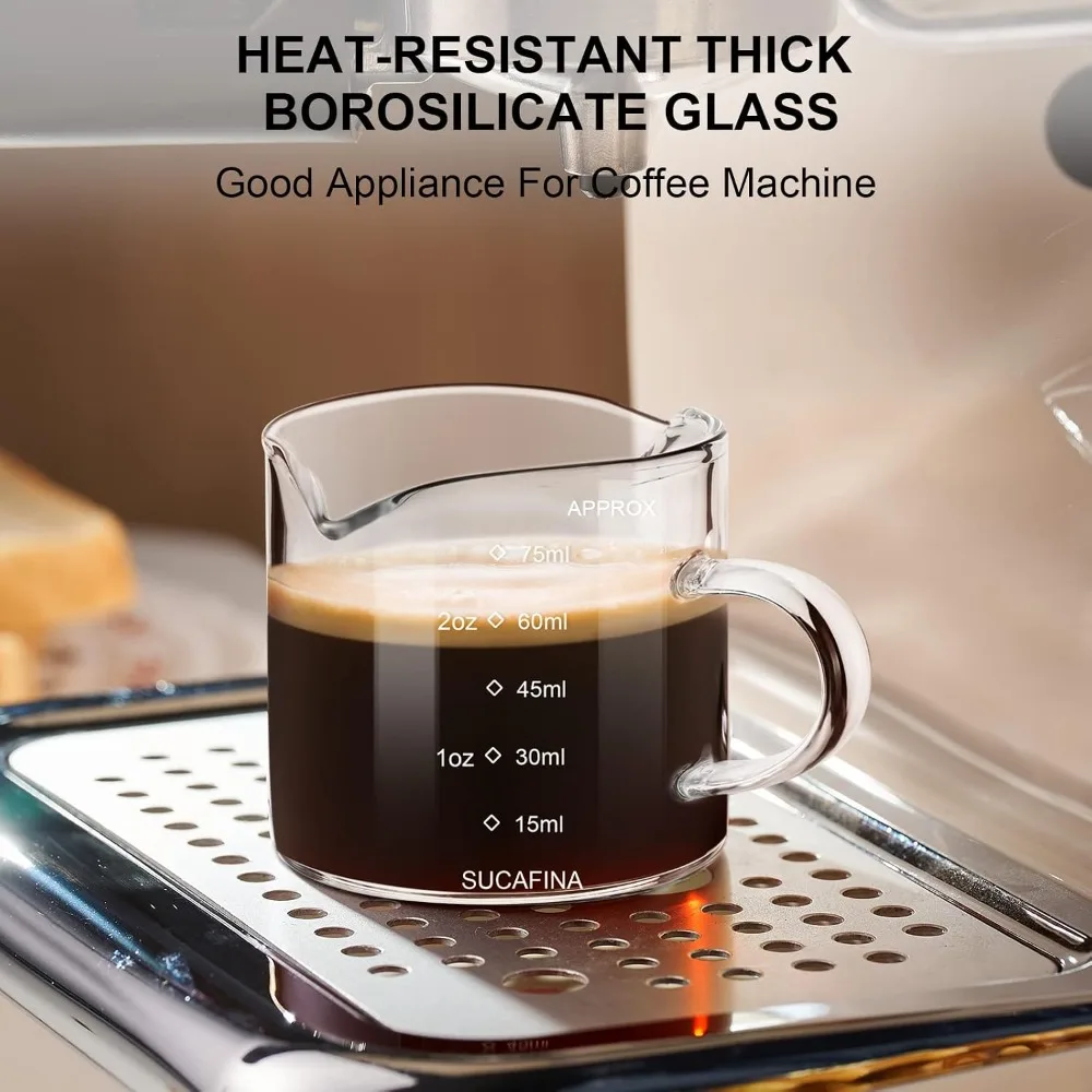Clear Glass Espresso Cup with Handle 2.5 Ounce Double Spout Barista Measuring Cup for Coffee and Espresso with V-Shaped Mouth Dual Scale Measurement in Ounces and Milliliters Professional Coffee Accessories and Tools for view 5