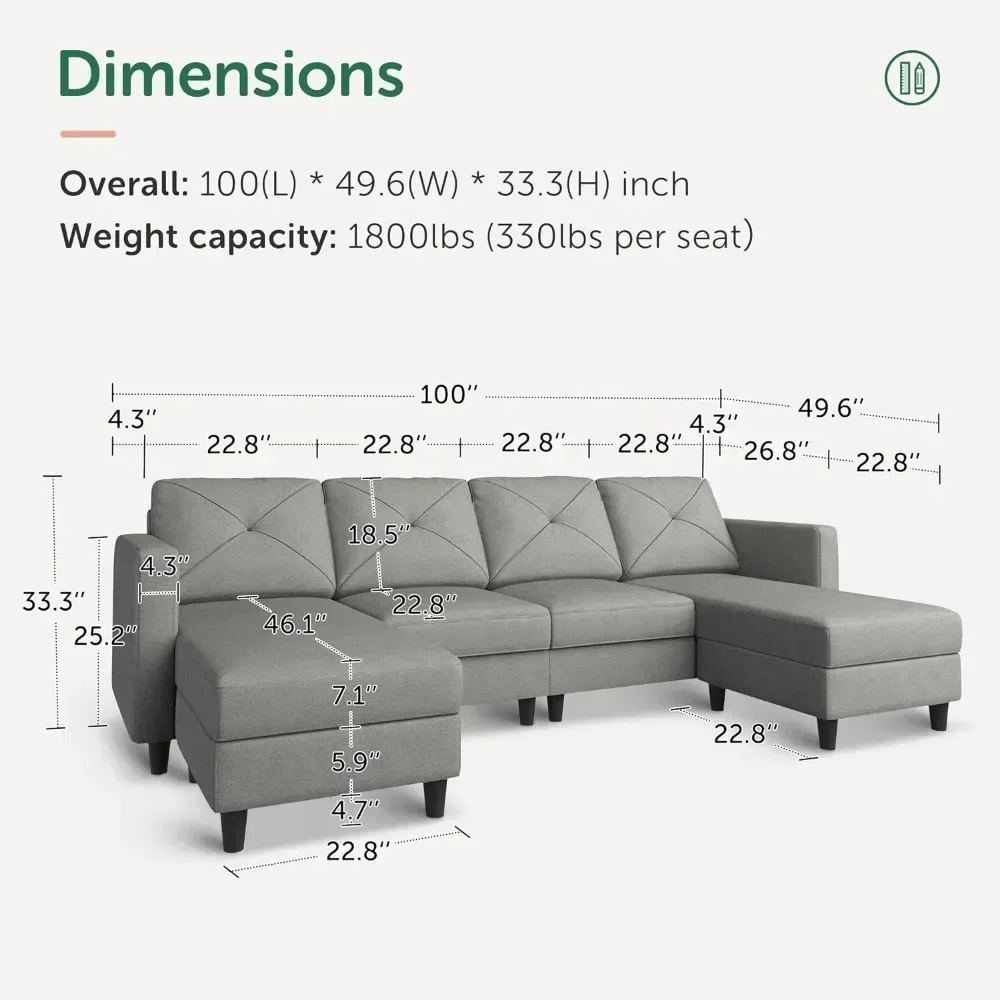 U Shaped Sectional Sofa Couch Convertible Sectional Couch with Double Chaise 4 Seat Sectional Sofa for Living Room