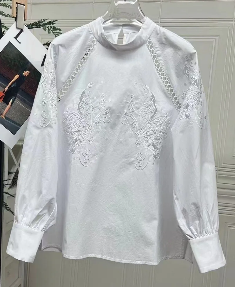 

2024 Spring Fashion Style Blouses High Quality Tops Women Luxurious Embroidery Long Sleeve Elegant White Tops Blusas Feminino