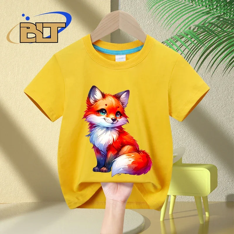 T-shirt de manga curta com estampa fofa raposa para crianças, algodão, aquarela, casual, para meninos e meninas