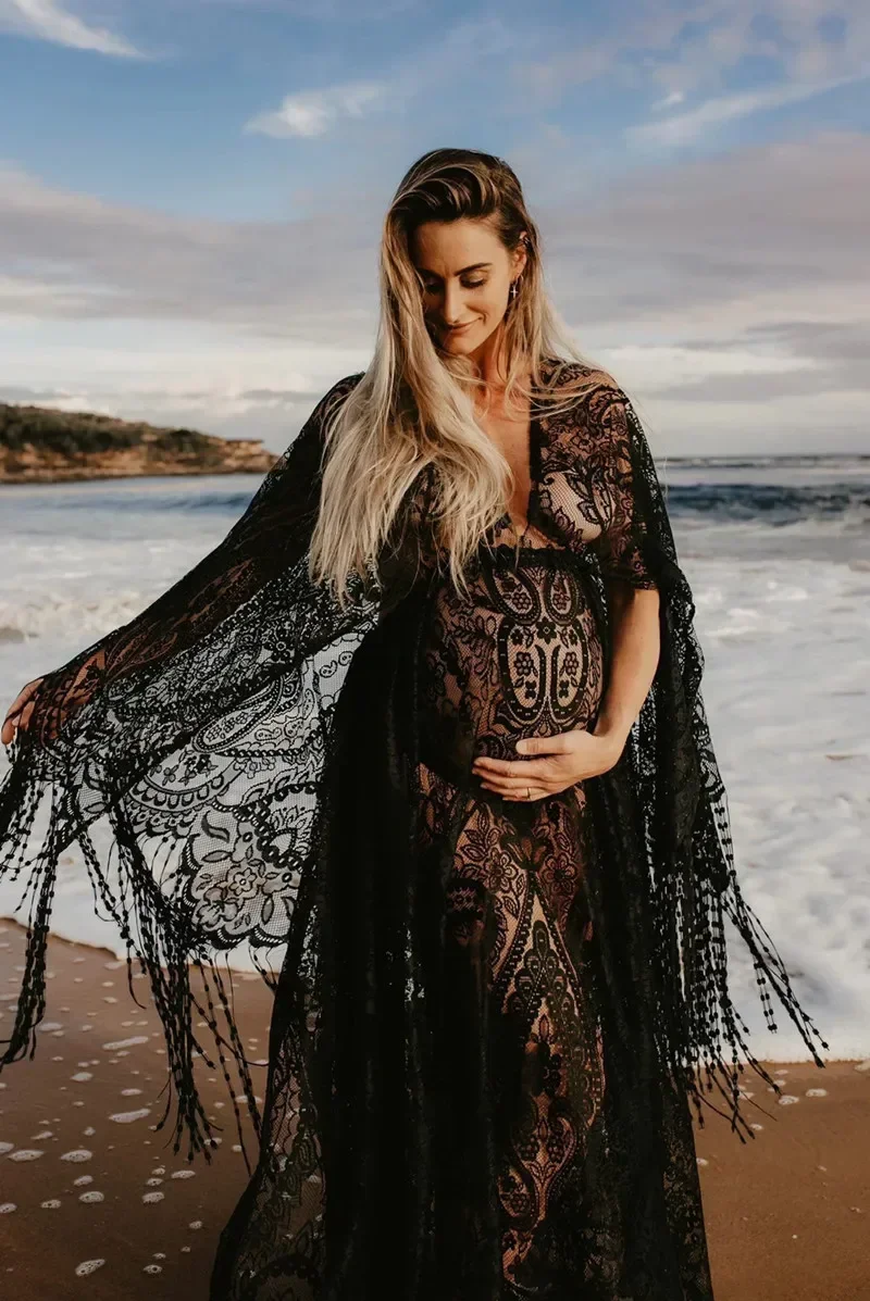 Boho Lace Maternity Photography Props Dresses Free Size Adjustable Pregnancy Photo Shoot Bohemian Long Dress Sides Slit