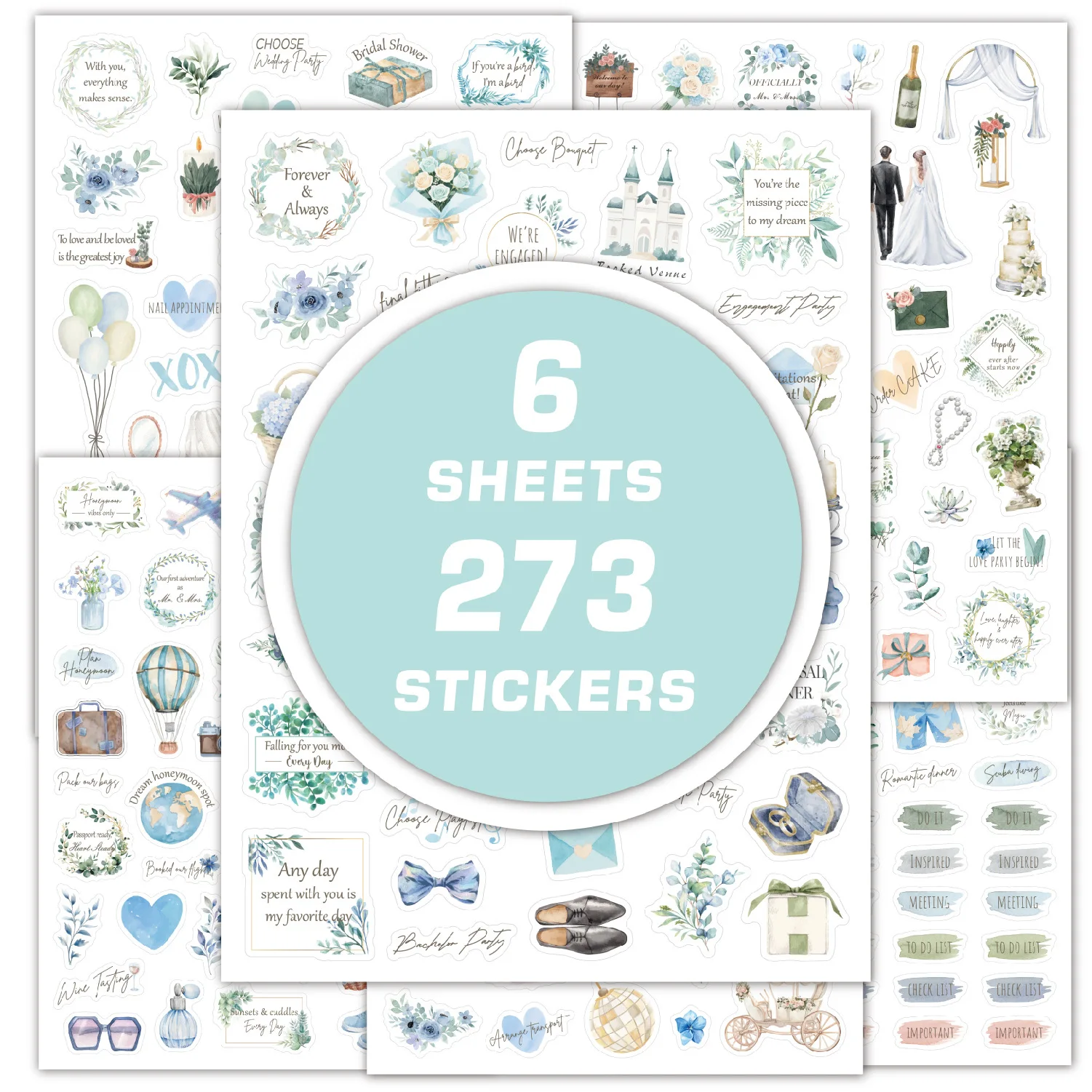 6 Sheets Wedding Bliss Stickers Romantic Wedding Theme Self-Adhesive Journal Sticker for Wedding Plan Scrapbooking DIY Decor