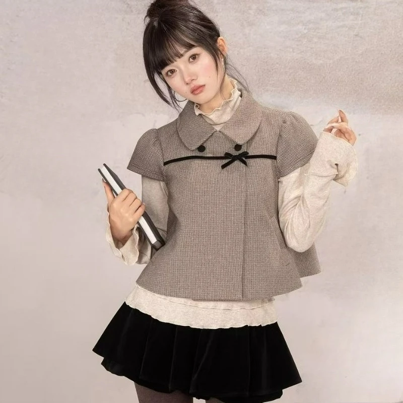 Japanischer Süßer Lolita-Stil 3-teiliges Set Damen Herbst Rüschen Langarm-Unterhemd Vintage Karierte Jacke Kawaii Minirock-Anzug