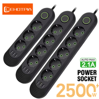 2500W EU Plug AC Outlet Multiprise Power Strip Extension Cord European Standard Socket Network Filter With USB Ports Charging