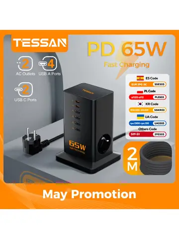 TESSAN PD 65W 고속 충전 전원 스트립 GaN 타워 전원 소켓(6개의 USB 포트 포함) 전화 패드 데스크용 AC EU 플러그 충전 스테이션 2개