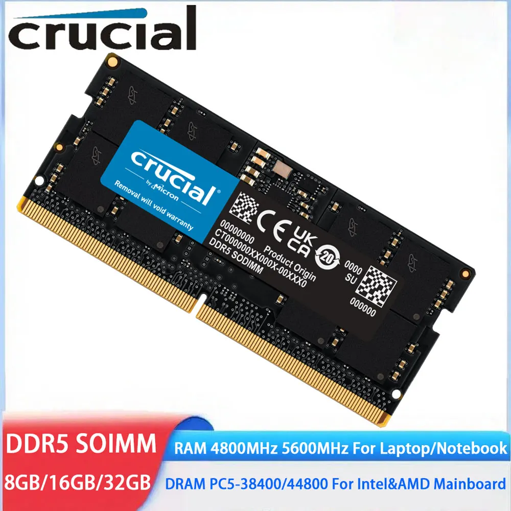 Memoria Crucial DDR5 para ordenador portátil, 8GB, 32GB, 16GB, 4800, 5600MHz, memoria SODIMM, 1,1 V, 262 pines, PC5-44800, 38400, DRAM para portátil, para Intel y AMD