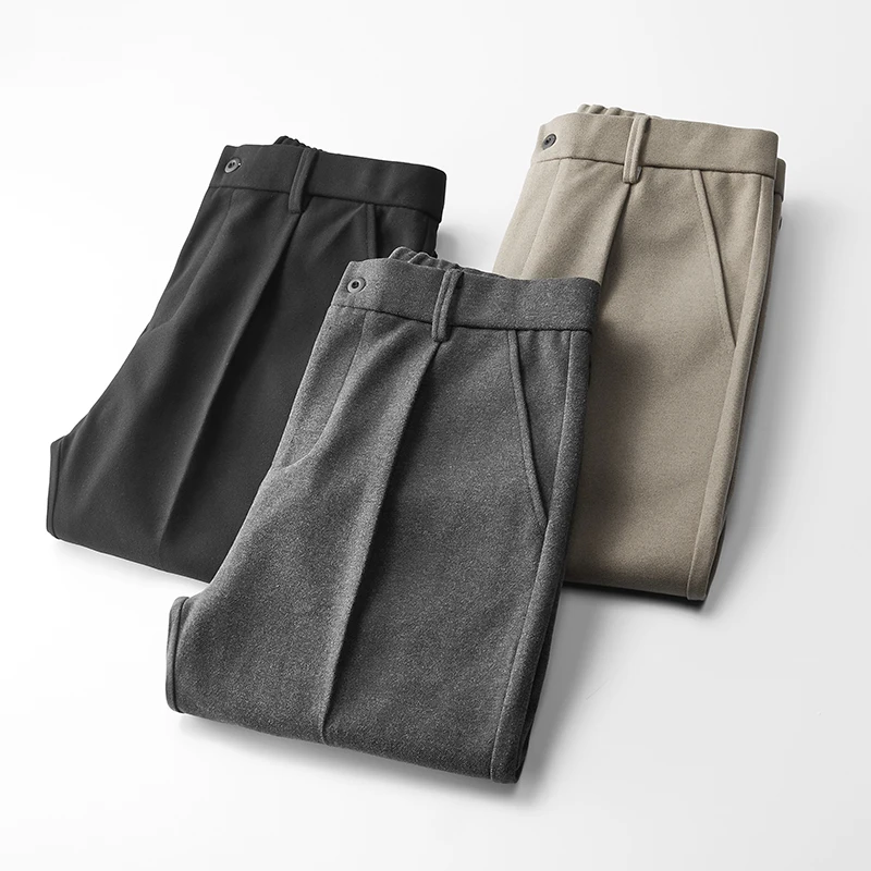 Tweed Fabric Men's Casual Pants Loose Tapered Autumn Winter Thick Drape Comfort Ankle-length Business Office Suit Trousers