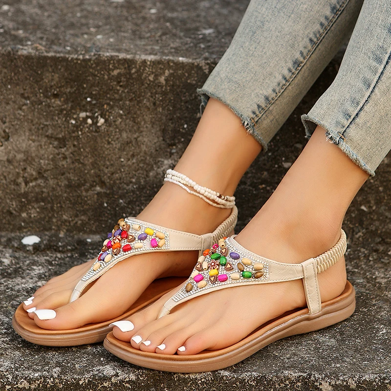 Summer Bohemain Flat Sandals for Women 2024 Colorful Beaded Decor Clip Toe Roman Sandals Woman Soft Sole Non Slip Beach Shoes