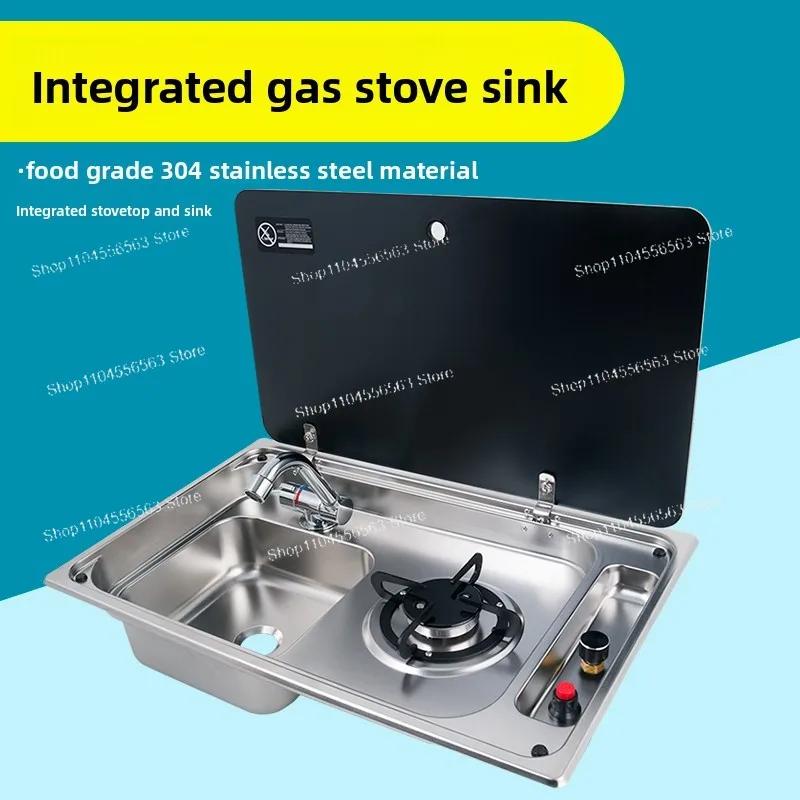 Gas Stove & Sink Combo with Induction Cooktop – Stainless Steel Kitchen Unit for RV/Trailer Conversions, Built-in Faucet