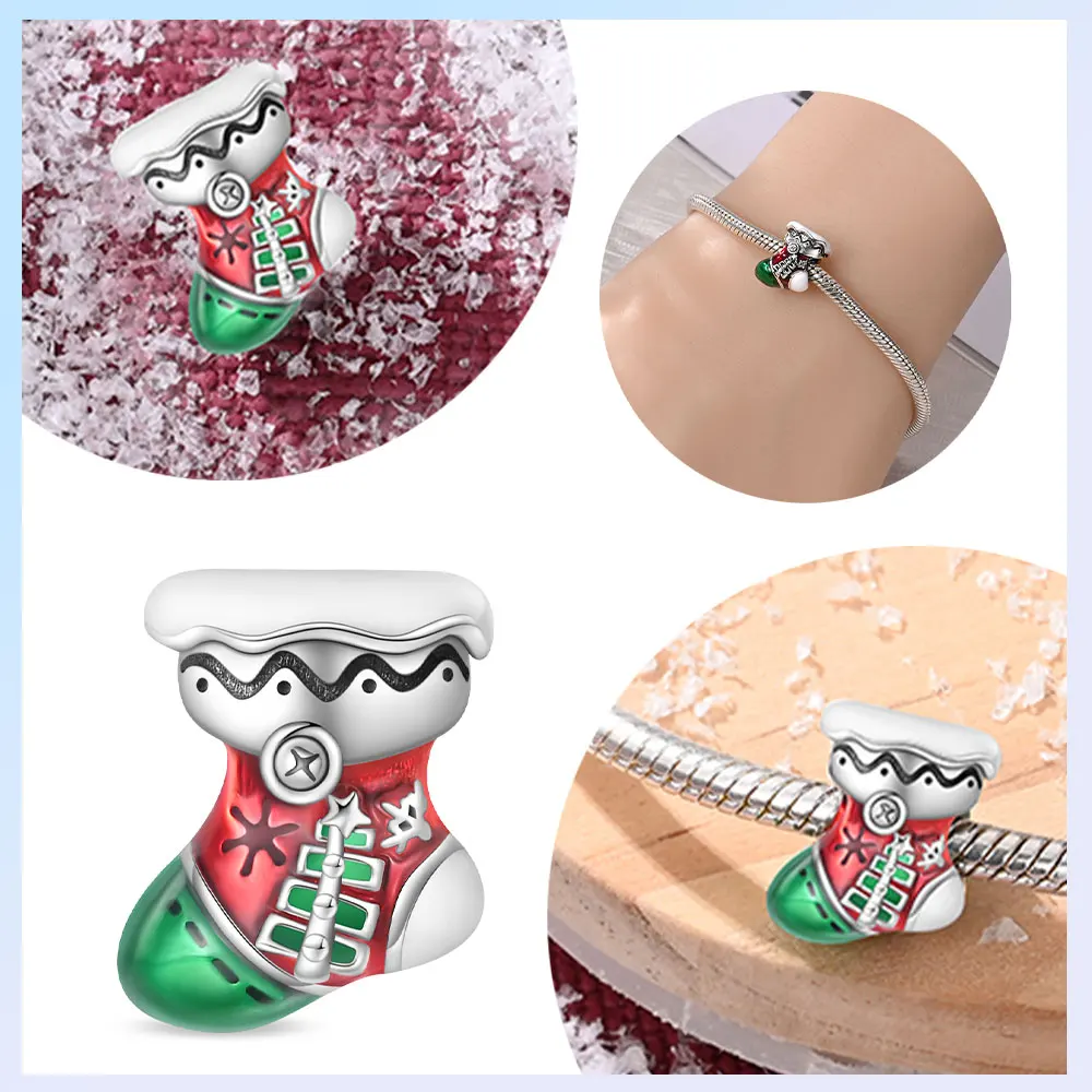 925er Silber vergoldet, Original-Charms, Weihnachtsserie, Elch, Eisstiefel, zweiteiliges Set, Perlen, passend für Armbänder, Damenschmuck, Geschenk