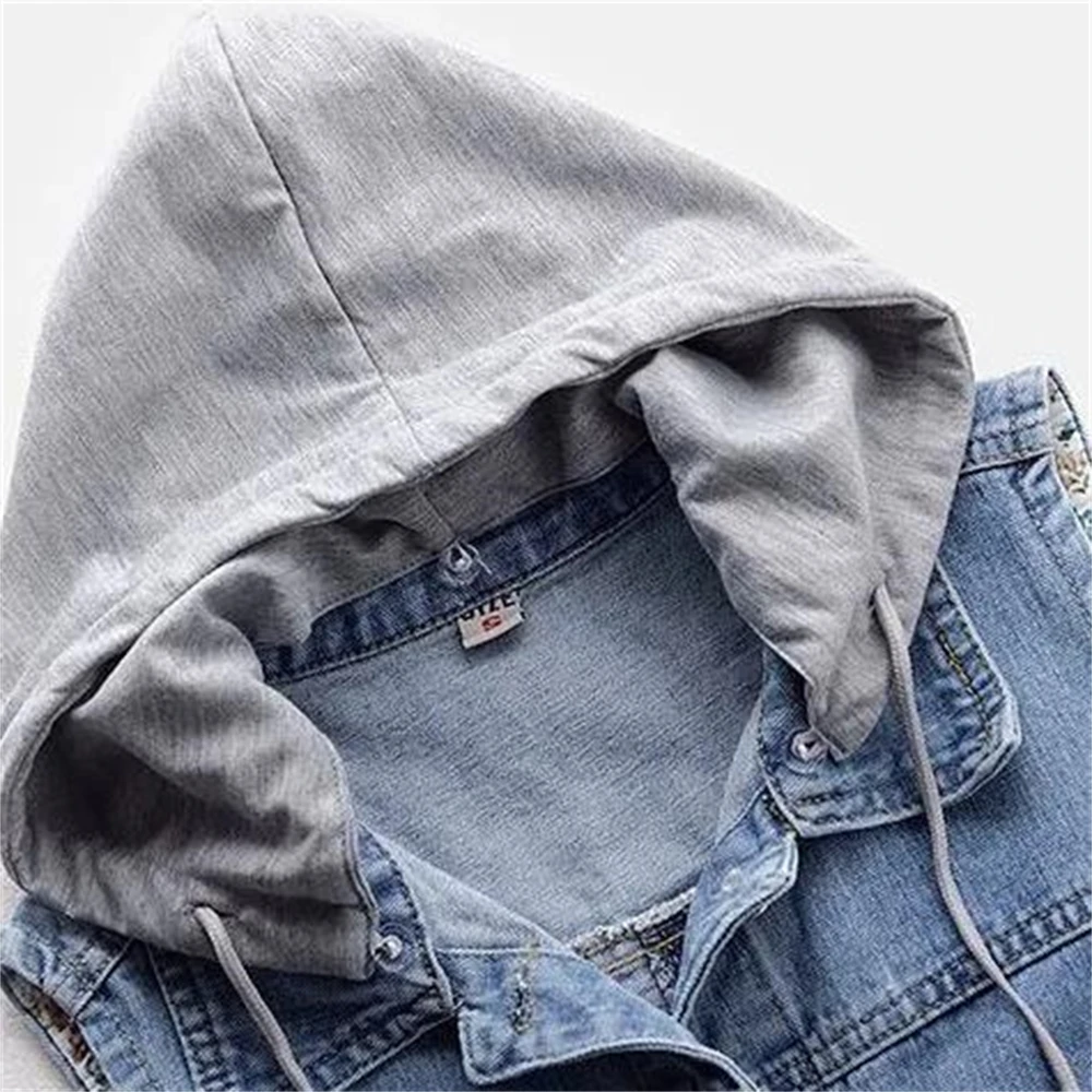 Denim Vest Women Spring Autumn Coat Sleeveless Wild Tops Hooded Jacket Women Denim Jeans Waistcoat Outerwear Female Ripped 5XL