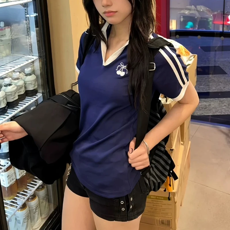 Deeptown Vintage Embroidery Women T-Shirts Striped Short Sleeve American Style Polo Neck Tees Slim Preppy Gyaru Summer Youthful