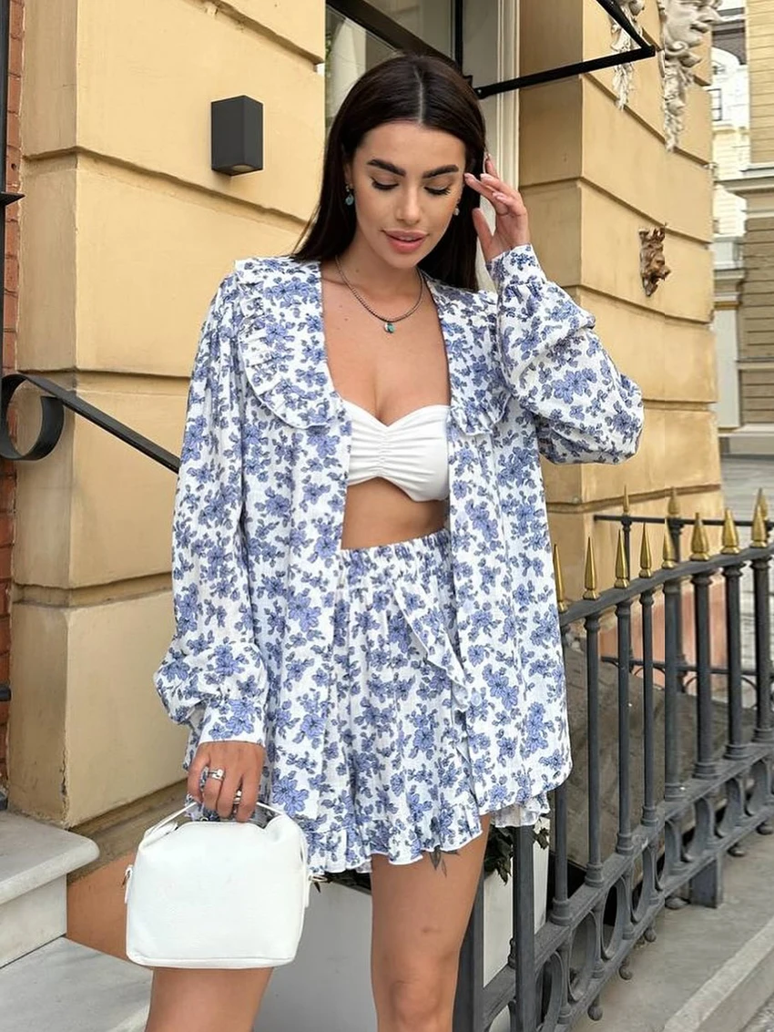 

Marthaqiqi Printing Loose Ladies Sleepwear Set Long Sleeve Nightgown Turn-Down Collar Pajama Shorts Casual Female Nightwear Suit