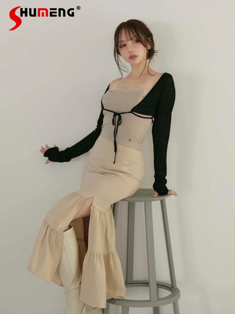 

Japanese Sweet Fashion Fake Two-Piece Long Sleeve Knit T-Shirt Autumn 2025 Women's Slim Fit Elegant Letter Embroidery Knit Top