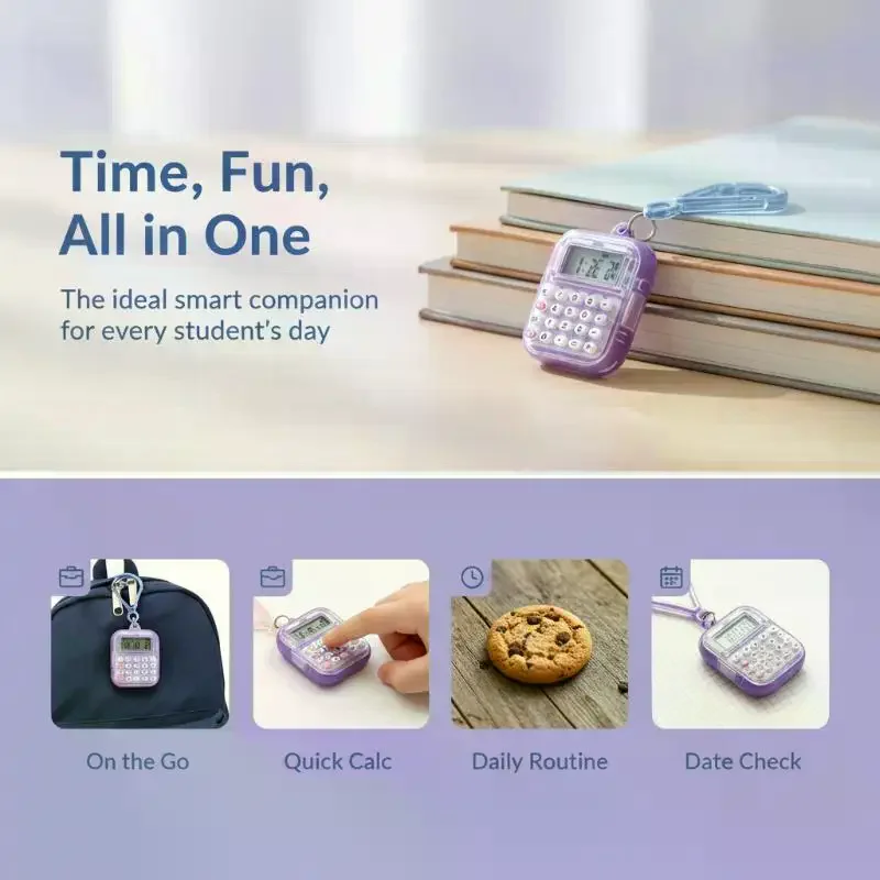 Mini Pocket Calculator With Detachable Keychain Time Display For: Students School Office Daily Calculation