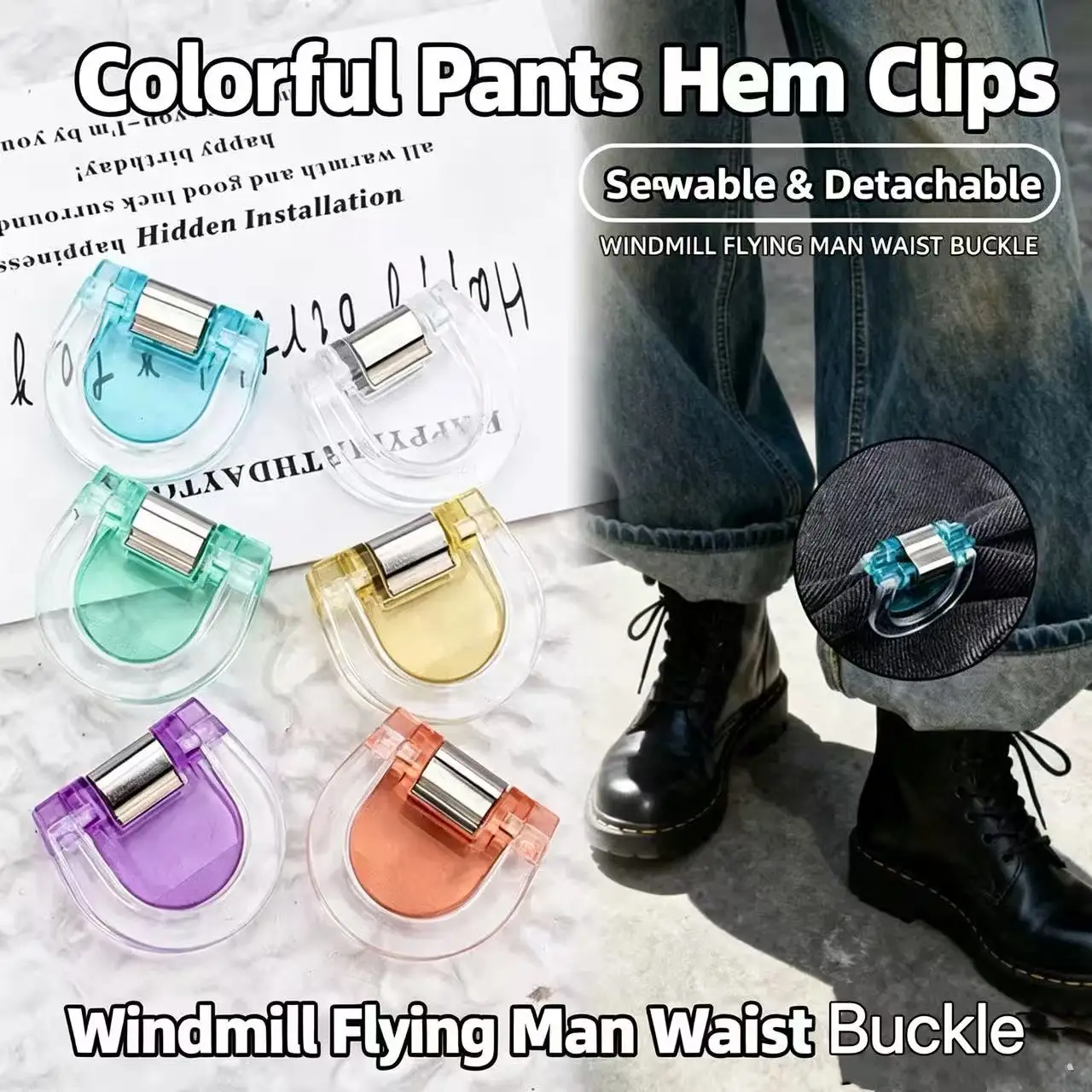 6Pcs Mixed Color No Sew Pants Hem Clips, Invisible Jeans Leg Tightener Reusable Pant Cuff Holder, Anti-Drag Trouser Adjust Clip