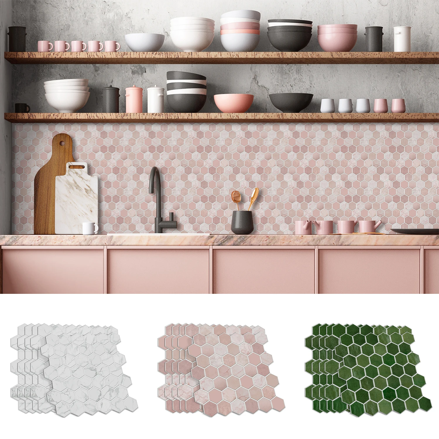 Peel and Stick Hexagon Tile Stickers 12x12 Inch - Self-Adhesive Waterproof Marble Mosaic Wall Stickers for Kitchen/Bathroom