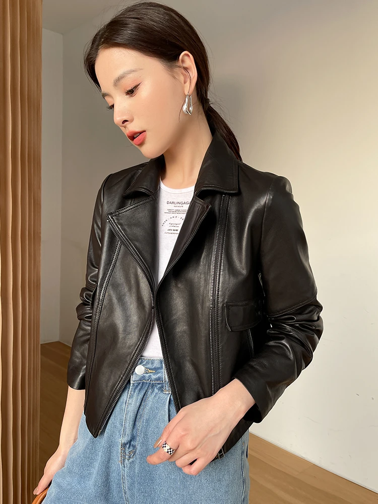 

Genuine Leather Cropped Motorcycle Jacket for Women Autumn 2024 New Simple Slim Zipper Casual Real Sheepskin Coat