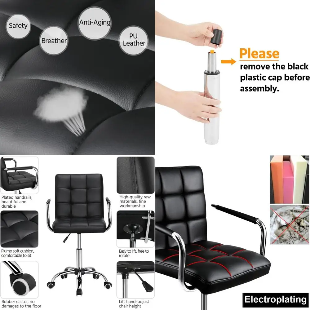 Cadeira de Escritório Ergonômica Giratória Preta com Braços e Rodas, Couro Sintético, Ideal para Estudantes e Uso em Computador Doméstico