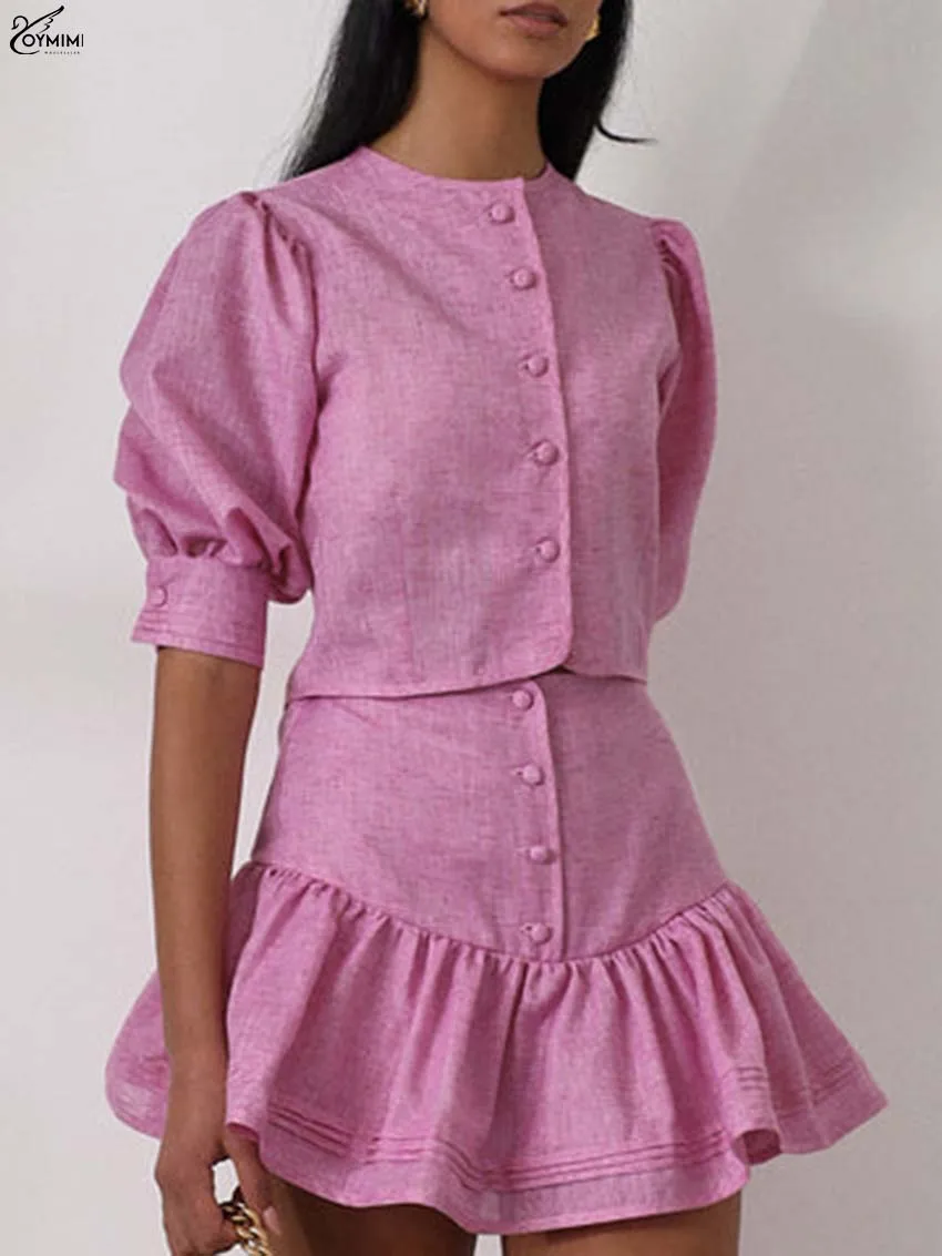 

Oymimi Elegant Pink Woman 2 Piece Set Outfit Fashion O-Neck Half Sleeve Button Shirts And High Waisted Pleated Mini Skirts Sets