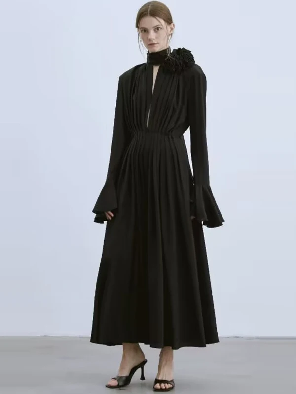 

Ele High Collar Monocomatic Dr Ladylike Sle Long Skirt A-Line Silhouette Polyester Fabric Long Sve Women's Dr