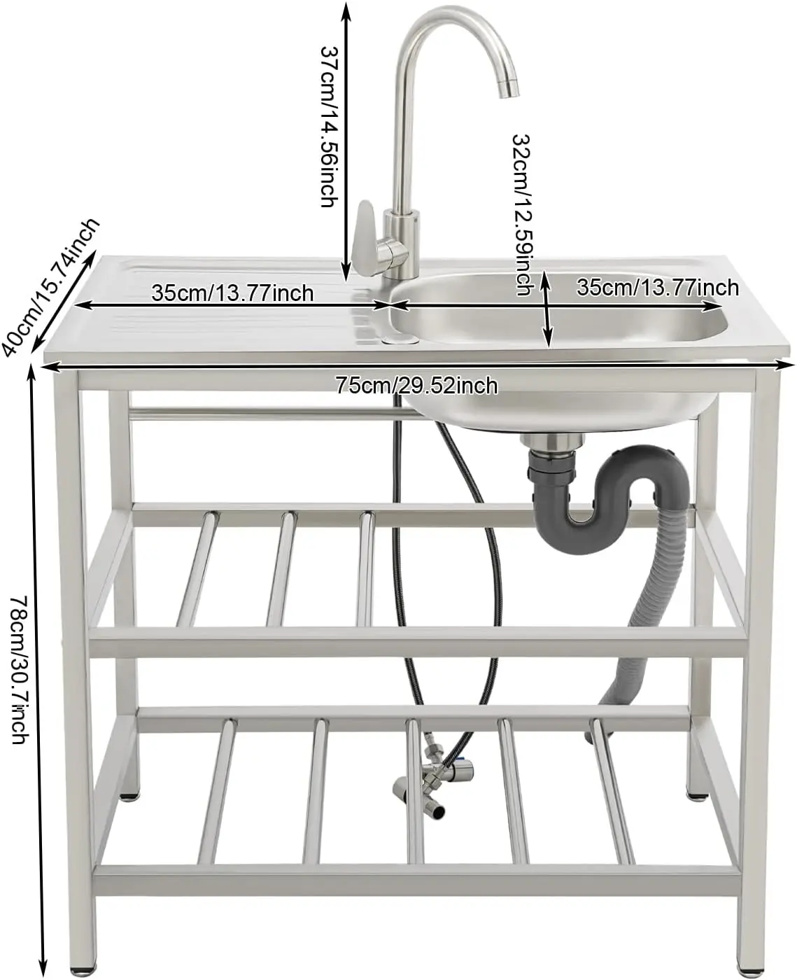 حوض خارجي قائم بذاته، حوض مطبخ فردي من الفولاذ المقاوم للصدأ مع صنبور قابل للتعديل وأنبوب صرف، حوض محمول للاستخدام الخارجي #4