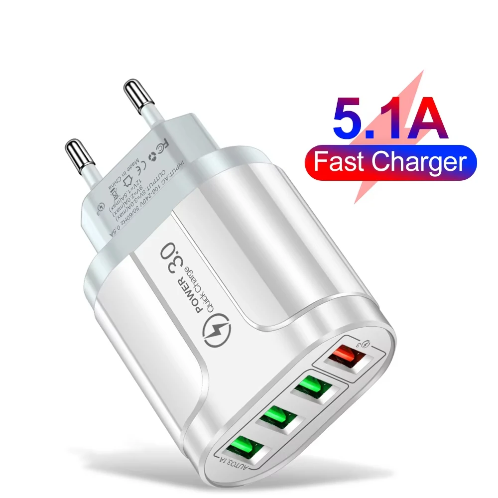 5.1A USB Charger 4 Ports USB Quick Charge 3.0 Wall Fast Charging Adapter For iPhone Samsung Xiaomi EU/US/KR Plug Travel Charger