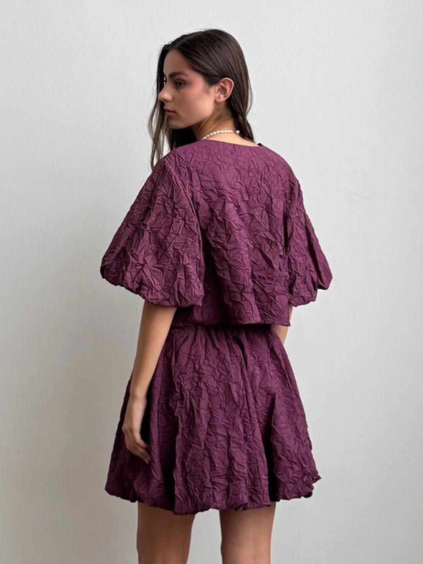 Marthqiqi Casual Female Nightgown Set V-Neck Pajamas Short Sleeve Nightie Lace Up Crop Top Nightwear Shorts Loose Sleepwear Suit