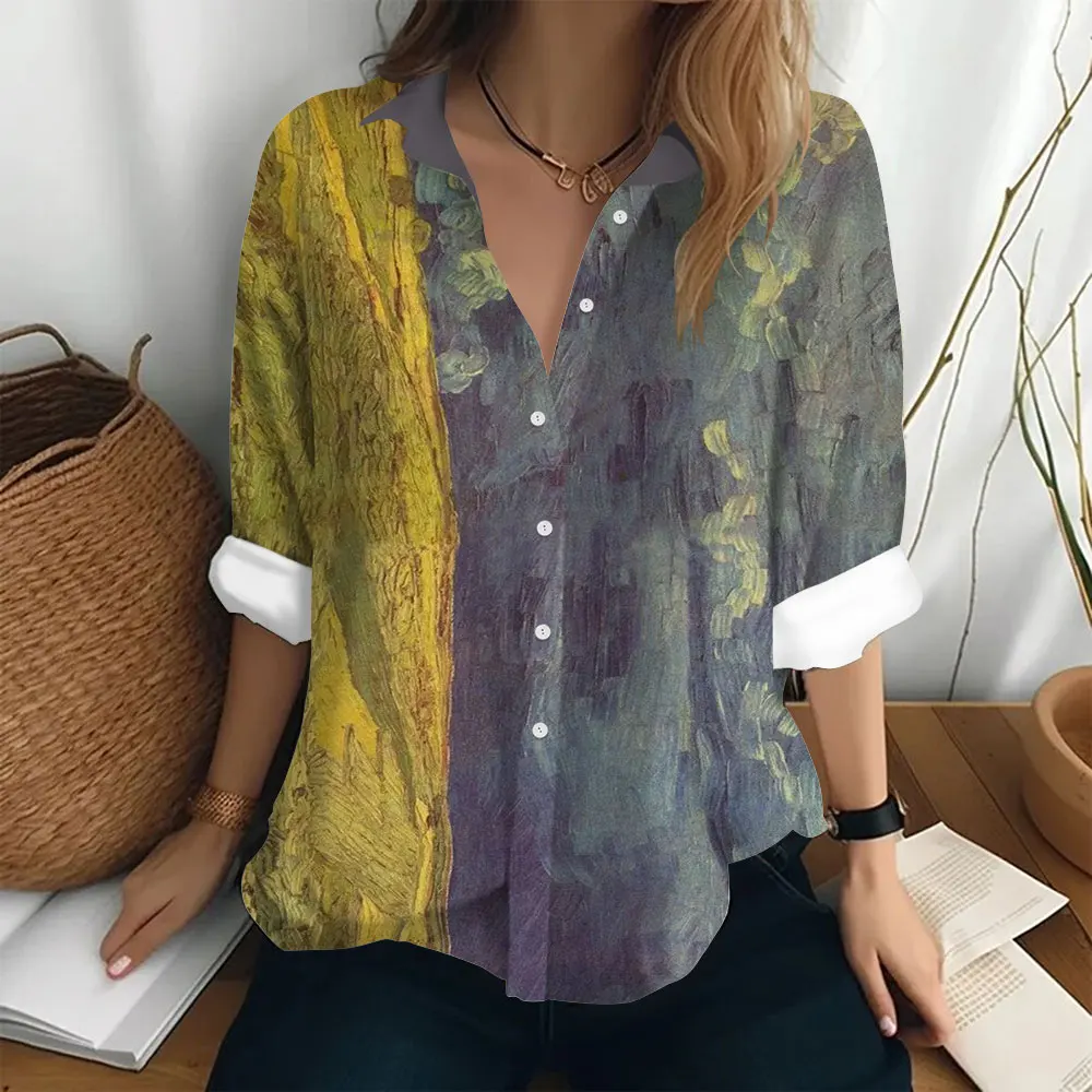 Women\'s Long Sleeved Shirt Van Gogh Oil Painting Print Pattern Loose Button Clothing Fashion T-shirt Party Trend Women\'s Shirt