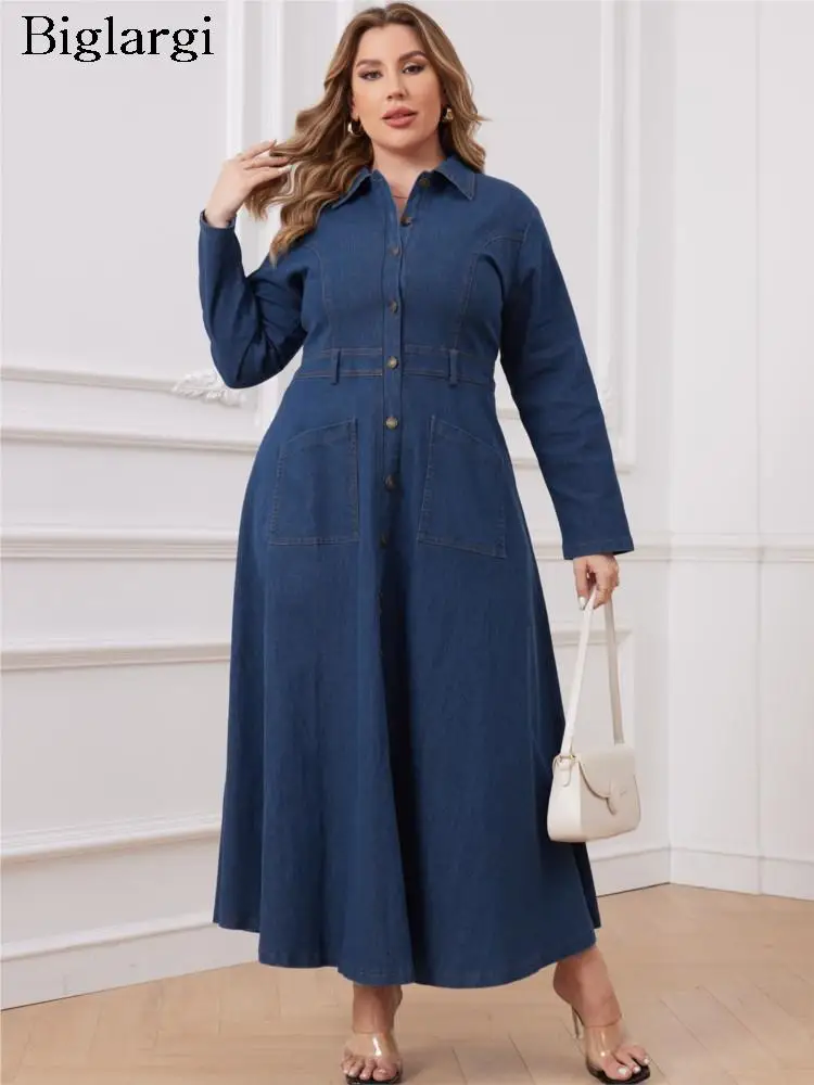 Plus Size Denim Autumn Winter Long Dress Women Ruffle Pleated Fashion Loose Ladies Dresses Long Sleeve Woman Shirts Dress 2023