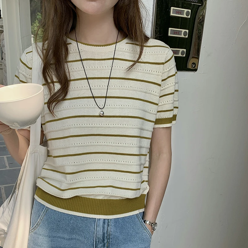 

Женский трикотажный пуловер из чистого хлопка в полоску с круглым вырезом, повседневный модный ажурный хлопковый свитер с коротким рукавом для весны и лета