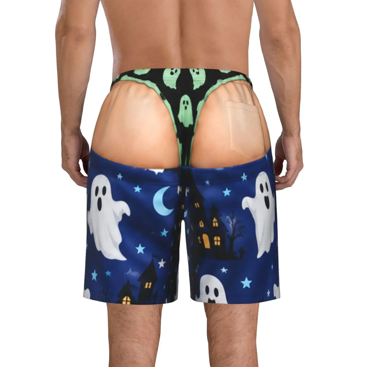 Men's Funny  Sexy Halloween Spider Web Spooky Gothic Raven Witchy Zombie Swim Trunks Bathing Mesh Swimsuits Beach Shorts