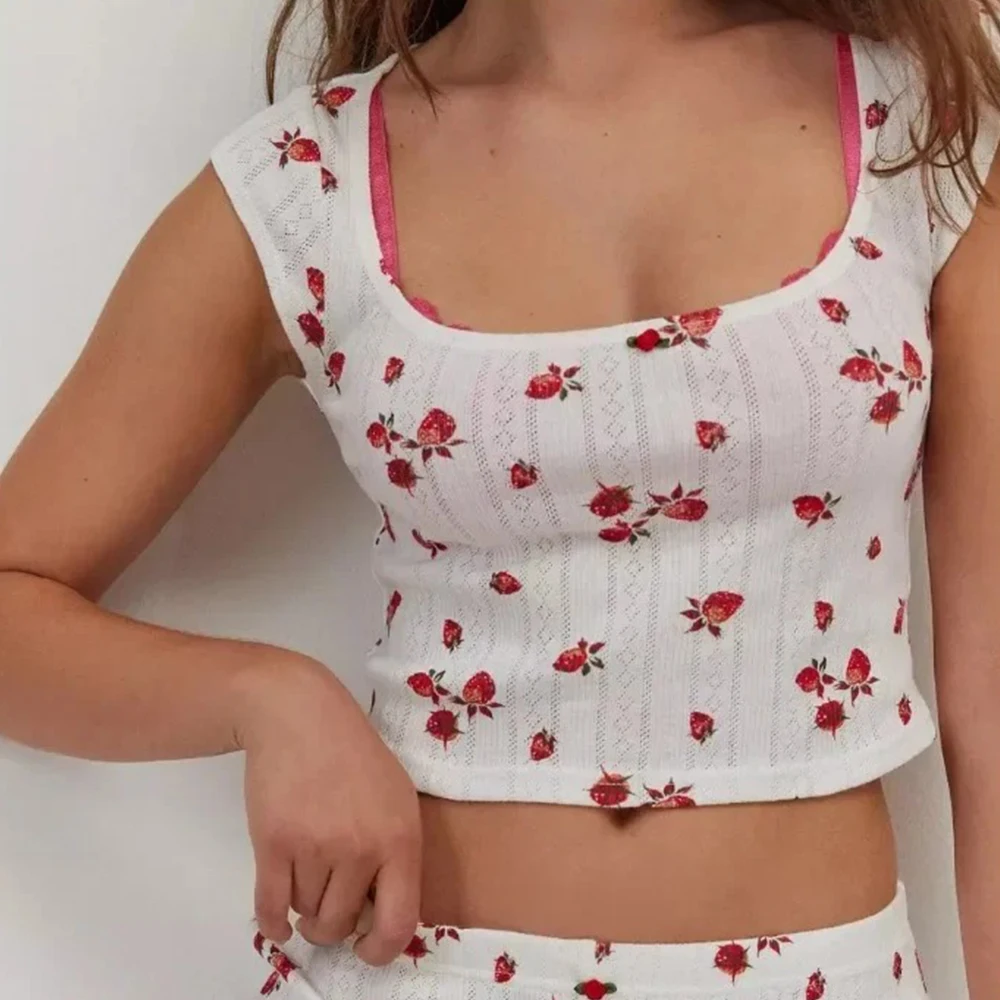 Sleepwear Women Pajama Set Heart Print Sexy Ribbed Bow Decor Round Neck Backless Crop Cami Top & Shorts Nightwear 2025 Summer