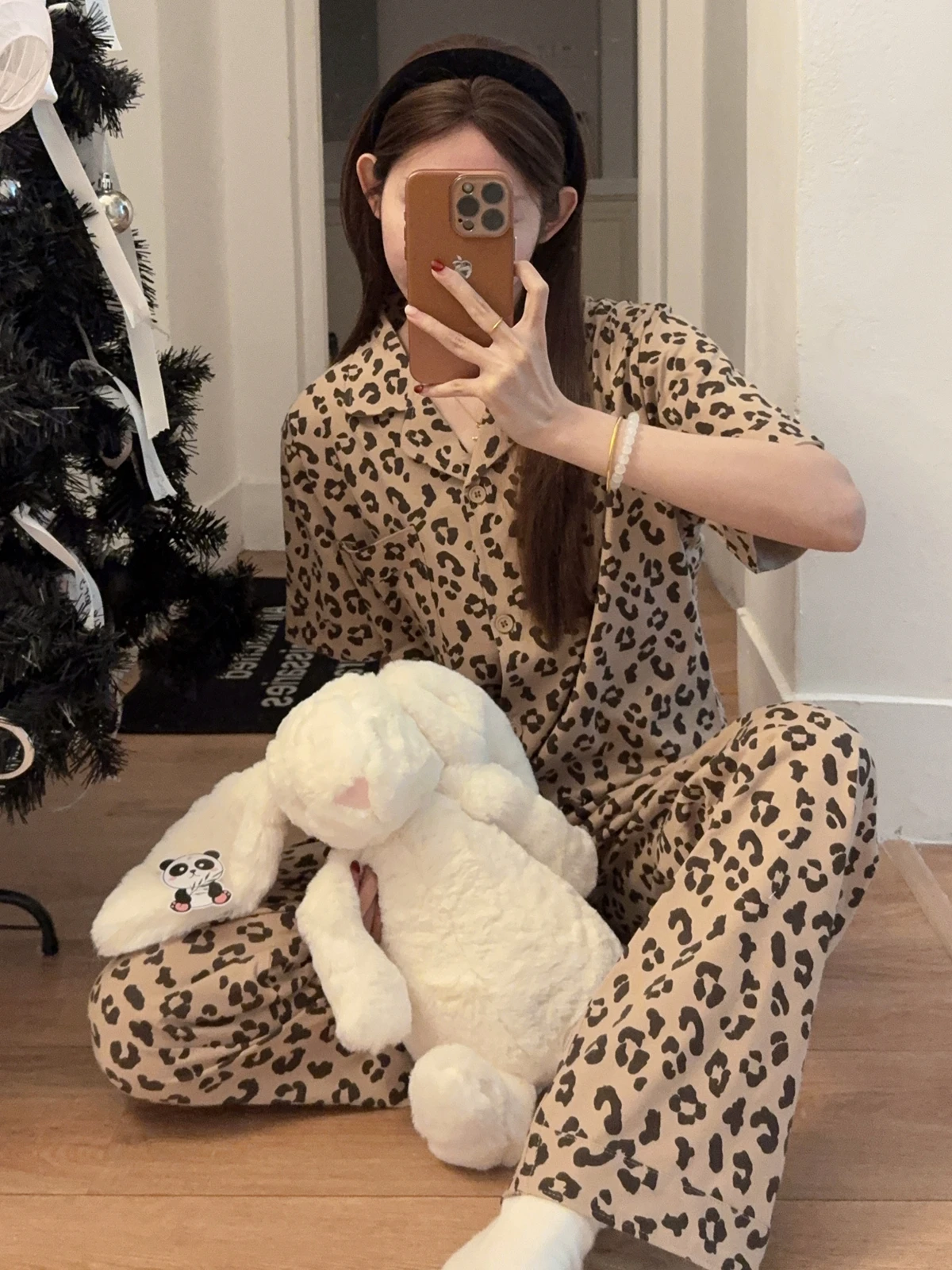 

Korean Style Lazy Print Pure Cotton Pajamas Short Sleeve Long Pants Home Two-Piece Set Soft Texture Spring Summer Home Wear