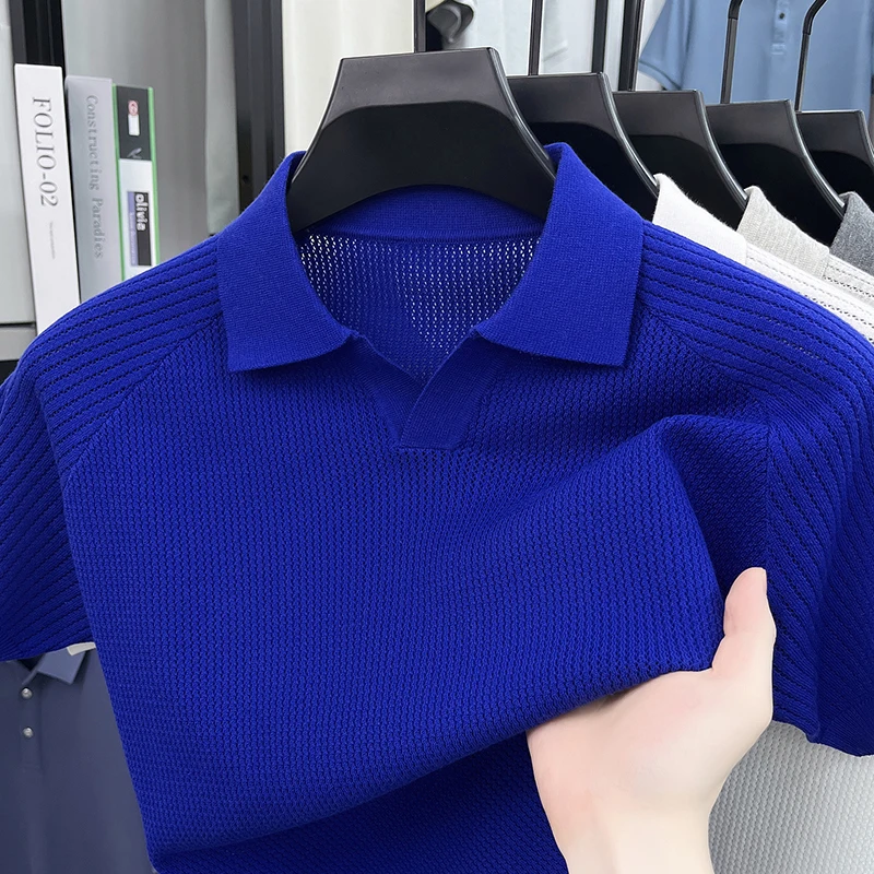 Flip Collar Seagull Collar Vintage Style Polo Shirt Men's Short Sleeved Knitted Breathable Summer Casual Versatile Top