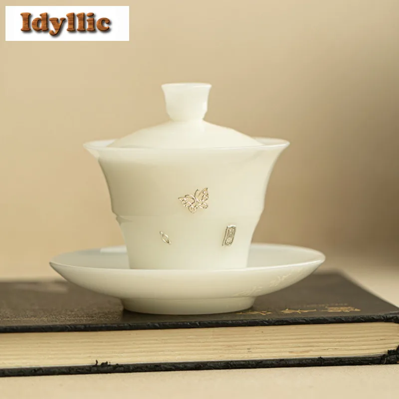

100ml Jade Ice Porcelain Silver Butterfly Gaiwan Ancient Tea Tureen Tea Bowl With Lid Kit Tea Making Cover Bowl Tea Services