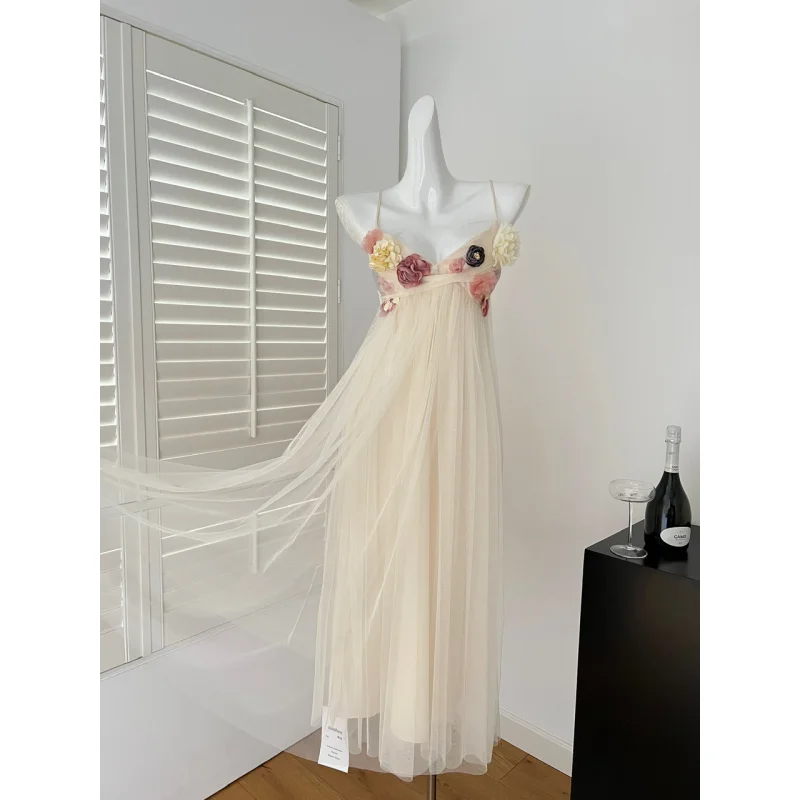 Okmashop sling dress women's spring seaside vacation style long dress backless fairy skirt