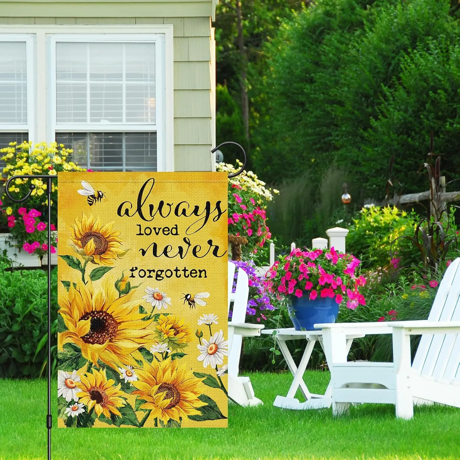 Heyfibro Always Loved Never Forgotten Memorial Garden Flag 12x18 Double Sided Burlap, Spring Summer Sunflower Daisy Bee Yard WWP