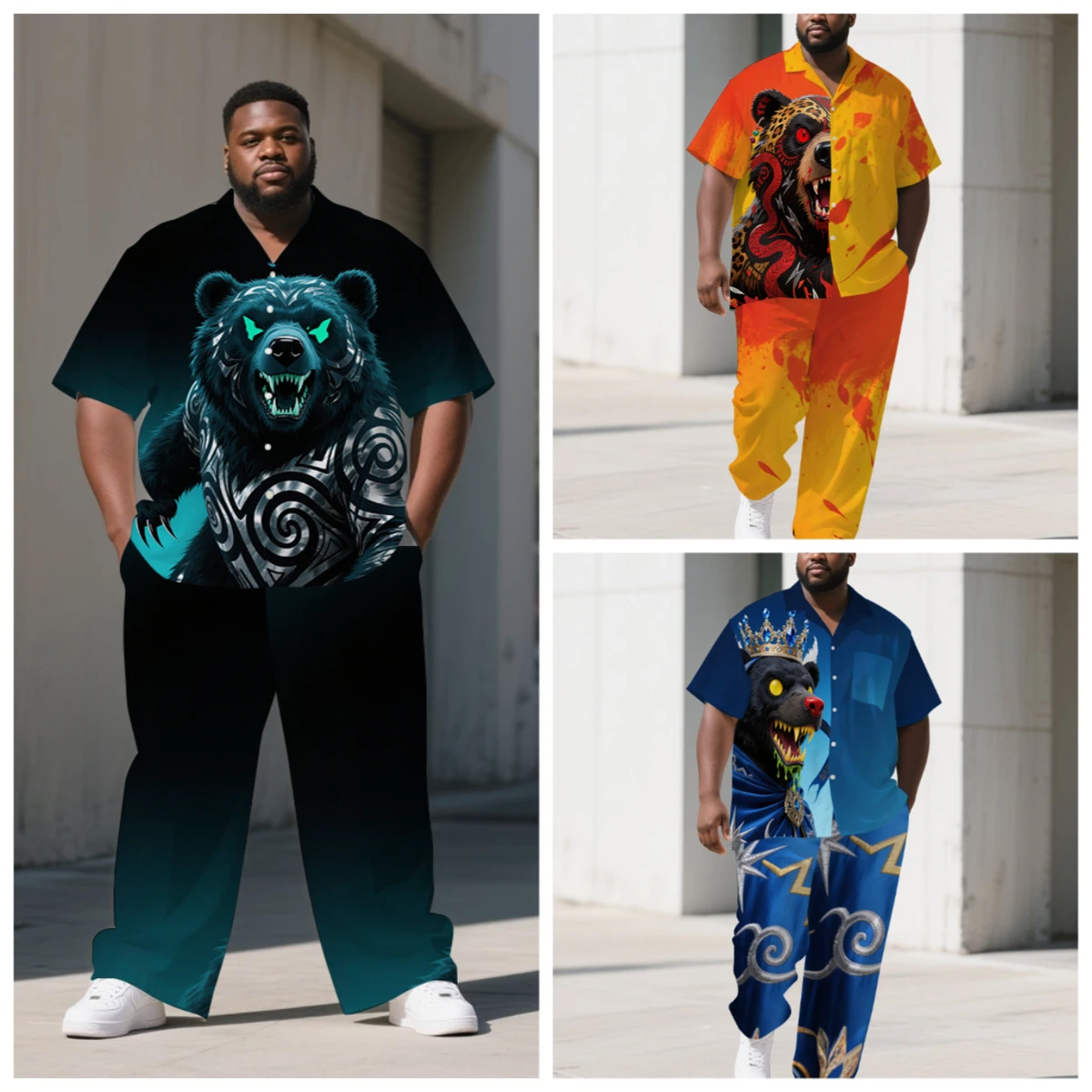 S-9XL Herren Sommer Tribal King Bären-Print Oversized Hemd & Hosen Set Multi-Design Lässiges 2-Teiliges Outfit