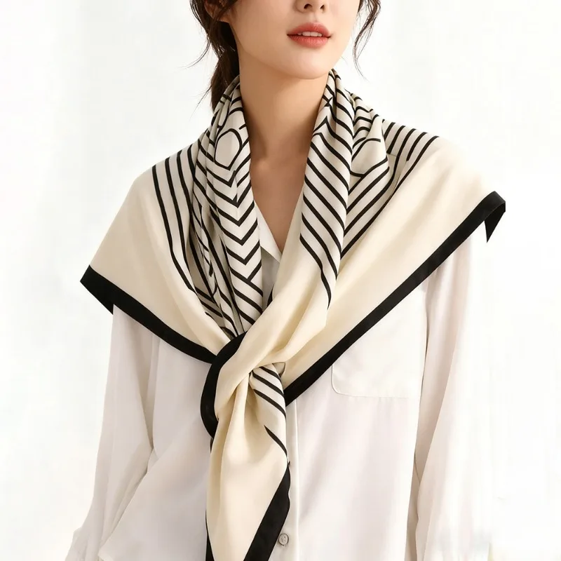 

Black White Geometric Striped 100% Silk Scarf Women Luxury Satin Square Neck Scarves Multifunctional Headband Bag Accessories