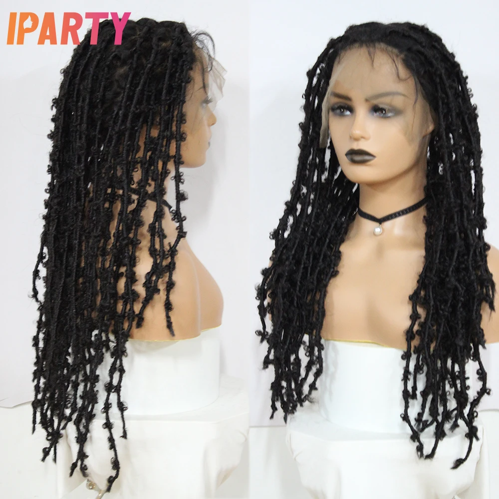 IPARTY Synthetic Full Lace Wig Braided Wigs Distressed Butterfly Locs Faux Locs Braid Wig Long Lace Frontal Wig for Women